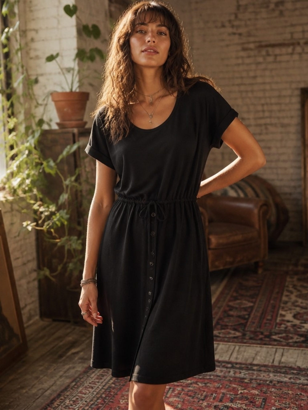 J. Jill Black Button-Front Drawstring Waist Dress